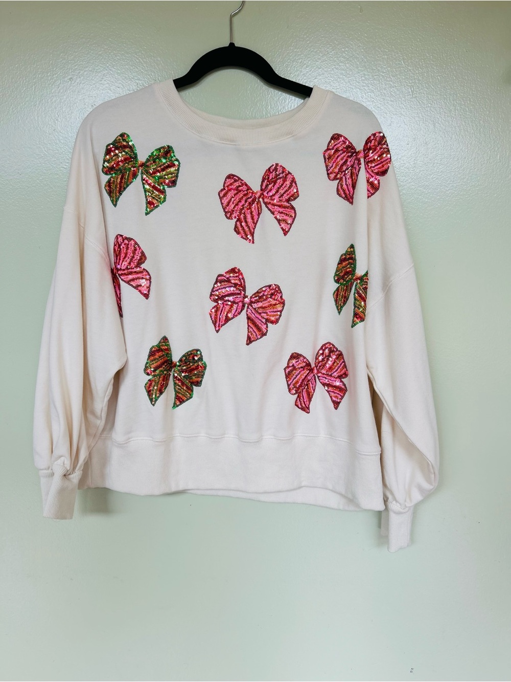 Altar'd State Cream Sweatshirt with Pink & Green Sequin Bows